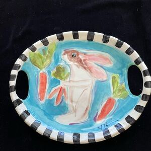 Handmade Ceramic Serving Tray w/ Handles Bunny With Carrots Design 11”x9.5”